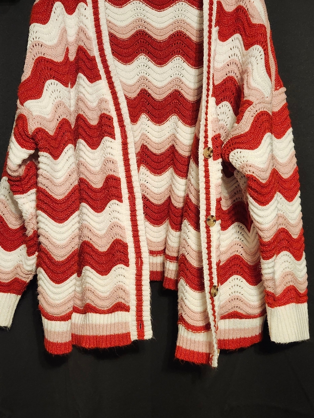 Red, Cream & Pink Wave Knit Plus Size Women's Cardigan Sweater